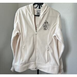 Disney Parks Disney World Fleece Hooded Embroidered Jacket Cream Zip Up Size L
